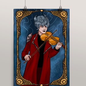 Puede incluir: Ilustración de una persona con cabello gris tocando el violín. La persona lleva un abrigo rojo y una camisa negra. La obra de arte está enmarcada con un borde dorado sobre un fondo azul.