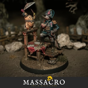 May include: A miniature figurine of a character in a blue military-style coat and hat, holding a spoon and teacup. Another figure with an umbrella stands nearby. The base has the text "MASSACRO ART & MINIATURES" and "DIGITAL DOWNLOAD .stl files".