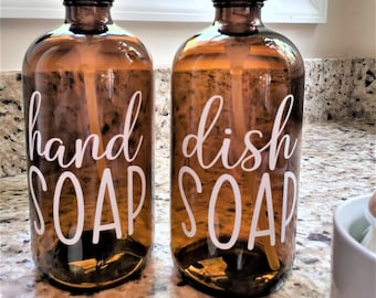 Dishes And Hands Soap Dispenser Set - Soap Dispenser - Soap Dispenser Pump - Kitchen Decor - Amber Glass - Soap Dispenser Set - Modern Decor