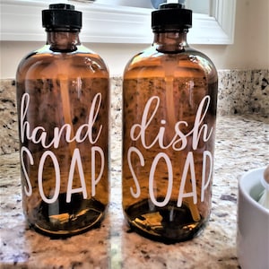 Dishes And Hands Soap Dispenser Set - Soap Dispenser - Soap Dispenser Pump - Kitchen Decor - Amber Glass - Soap Dispenser Set - Modern Decor