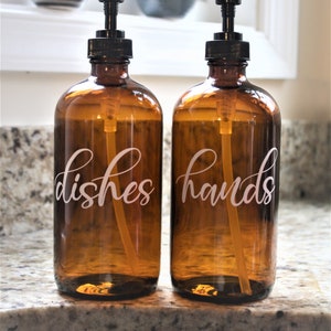 Dishes And Hands Soap Dispenser Set - Soap Dispenser - Soap Dispenser Pump - Kitchen Decor - Amber Glass - Soap Dispenser Set - Calligraphy