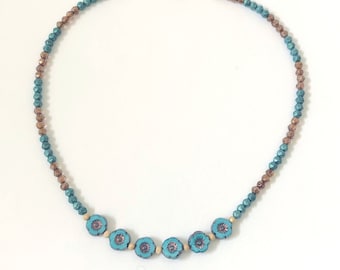 Aqua and bronze handmade beaded choker necklace