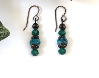 Antique brass and turquoise crystal dangle earrings