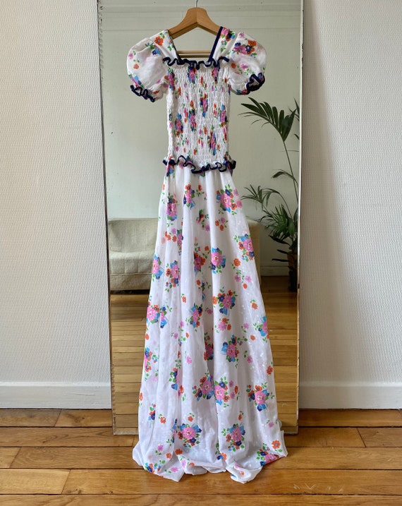 1970s handmade smocking long floral dress xs
