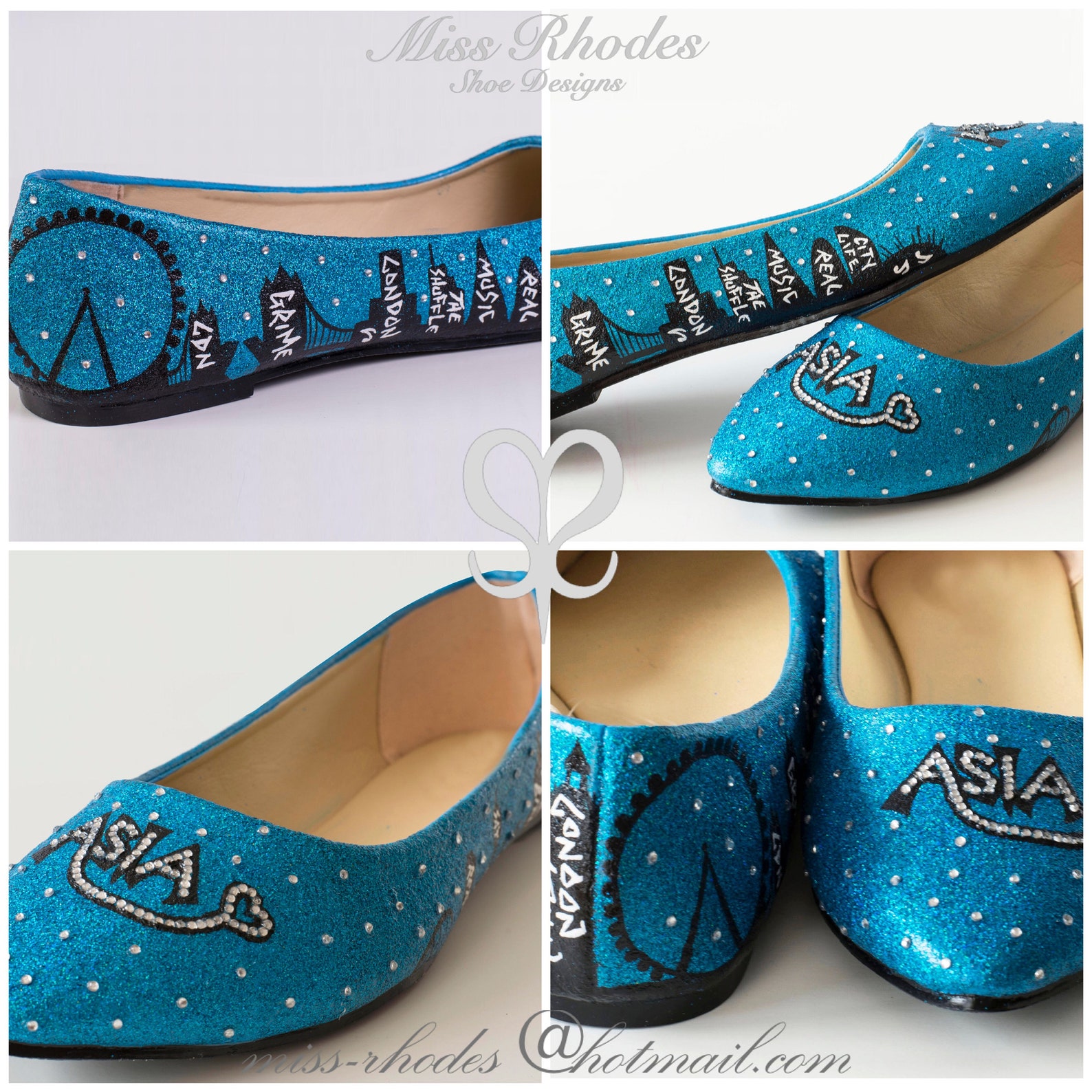 girls custom made hand painted bespoke birthday shoes ballet pumps blue glitter crystal stars london skyline graffiti london tow