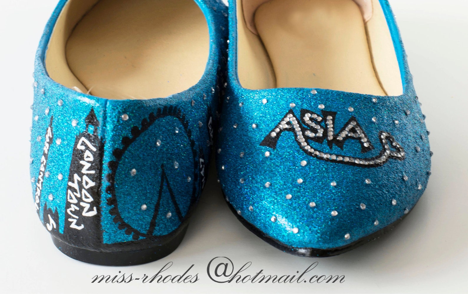 girls custom made hand painted bespoke birthday shoes ballet pumps blue glitter crystal stars london skyline graffiti london tow