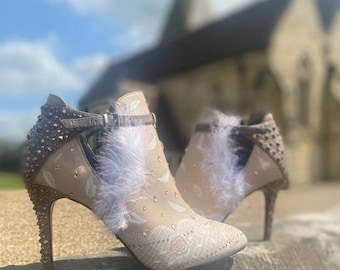 Custom made hand painted feather and crystal embellished boots