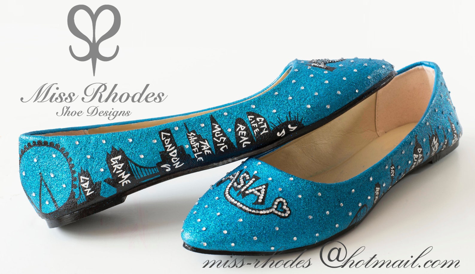 girls custom made hand painted bespoke birthday shoes ballet pumps blue glitter crystal stars london skyline graffiti london tow