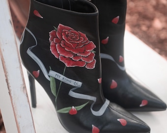 Black stiletto heel ankle boots with hand painted custom roses and ribbons