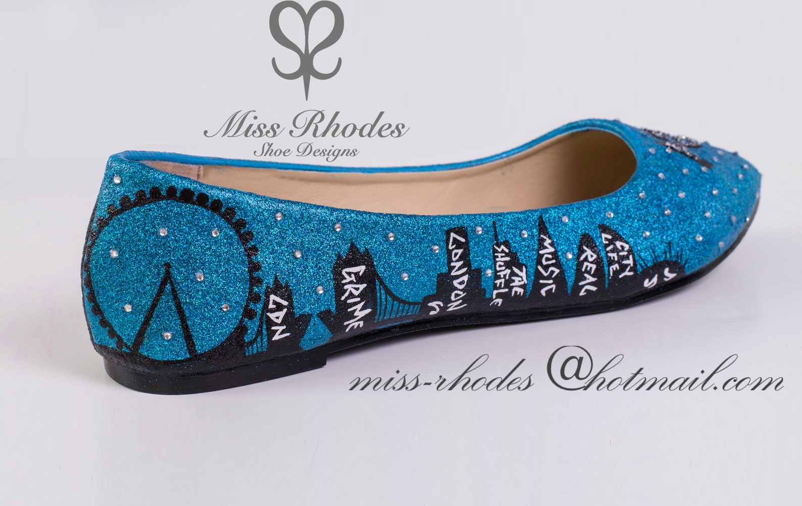 girls custom made hand painted bespoke birthday shoes ballet pumps blue glitter crystal stars london skyline graffiti london tow