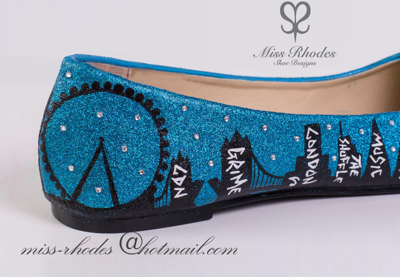 girls custom made hand painted bespoke birthday shoes ballet pumps blue glitter crystal stars london skyline graffiti london tow