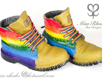 Ladies men’s Unisex timberland boots rainbow lgbt gay pride rainbow celebration paint dripping gold glitter matching laces hand painted