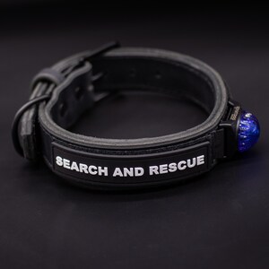 May include: Black leather dog collar with a blue flashing light and the words "SEARCH AND RESCUE" printed in white.