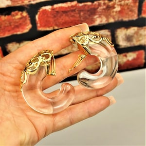 CLEAR LUCITE CHUNKY Runway Earrings, Inna Cytrine Vermeil Transparent Lucite Hoop Earrings, Rare Vtg Estate Jewelry, Holiday Gift For Her