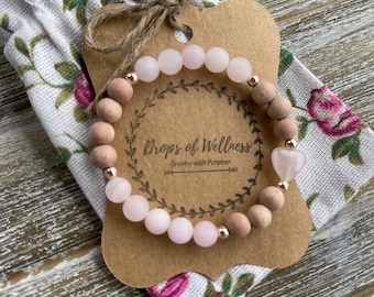 Essential Oil Diffuser Bracelet, Matte Rose Quartz & Rosewood, Aromatherapy Bracelet, Handmade, Diffuser Jewelry, Heart , The Isla
