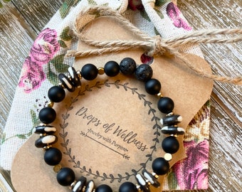 Diffuser Bracelet//Aromatherapy Jewelry// Onyx Stone & Natural Lava Stone// Boho Bracelet// Stackable//  Essential Oil // The Thea