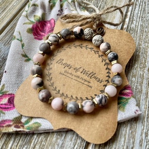 Essential Oil Diffuser Bracelet, Pink & Grey Zebra Jasper, Diffuser, Aromatherapy Bracelet, Natural Stone , The Lana