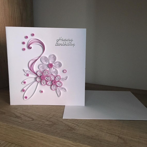 Handmade Happy Birthday Greetings Card With Quilling Flowers Etsy