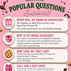 May include: A pink informational graphic titled Dirty Desserts Popular Questions Answered! featuring five sections with icons: a calendar, a box, a cookie, a gift, and a checkmark. Each section provides text details regarding order dispatch, packaging, shelf life, gift notes, and hygiene.