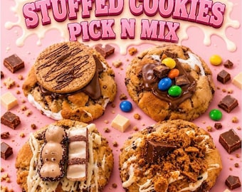 May include: Four large stuffed cookies on a pink background with the text STUFFED COOKIES PICK N MIX. The cookies are topped with various chocolate pieces, including a round biscuit, colorful candy-coated chocolates, a hippo-shaped treat, and crumbs.