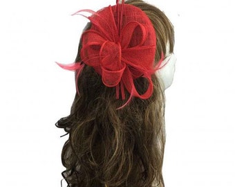 Stunning Red Colour Sinamay Feather Flower Hair Fascinator Headband