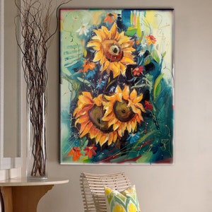 Sunflower Oil Painting, Sunflower Painting, Yellow Flowers ,Sunflowers Canvas Art, Heavy Texture Sunflowers Painting,Large Abstract Original