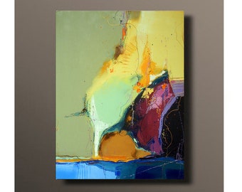 May include: Abstract painting featuring a blend of green, yellow, orange, purple, and blue hues. The artwork has a textured surface and a contemporary style.