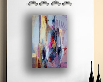 May include: Abstract painting with a colorful, layered design. The painting features shades of blue, purple, pink, yellow, and red. The painting has a textured surface and a modern style.