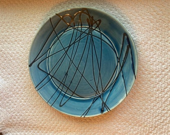 Handmade Blue Pottery Plate with Abstract Line Design