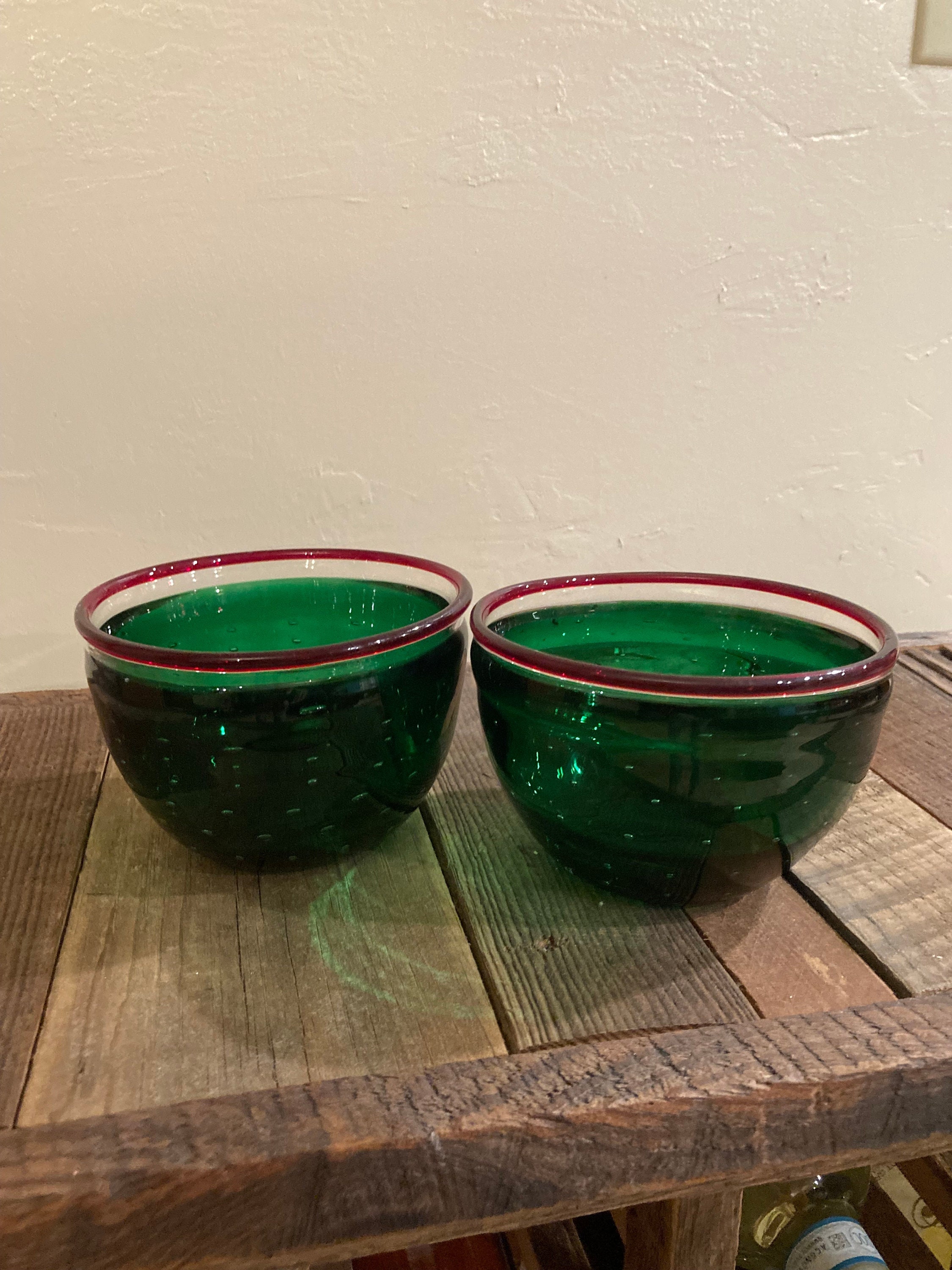 Pair of Bubbled Green Glass Bowls with Red Trim
