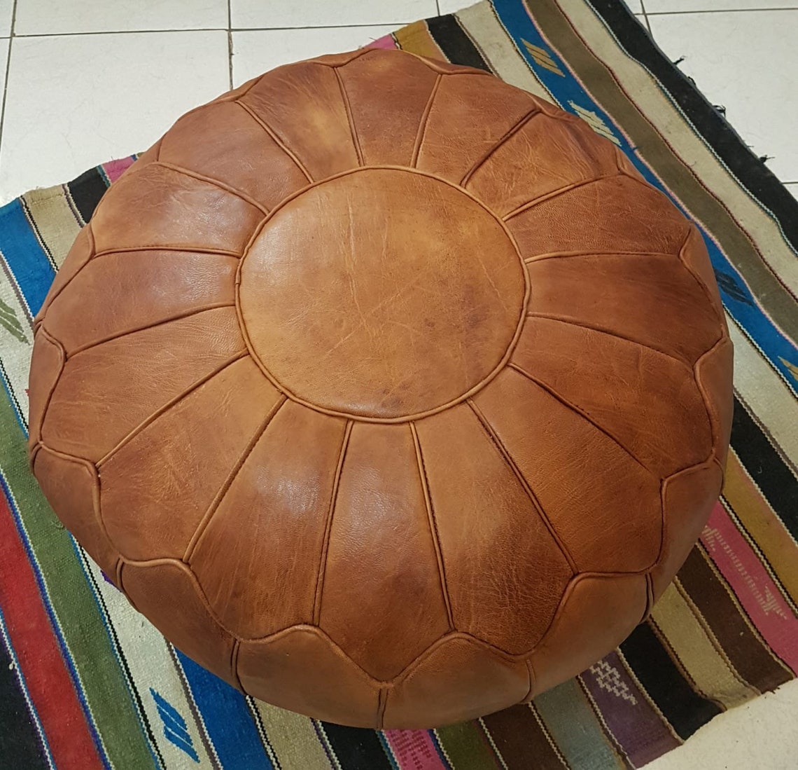 Leather pouffe natural Etsy