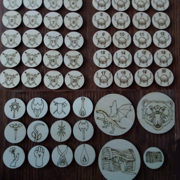 DnD tokens, D&D wooden, engraved. Dungeon and Dragons set