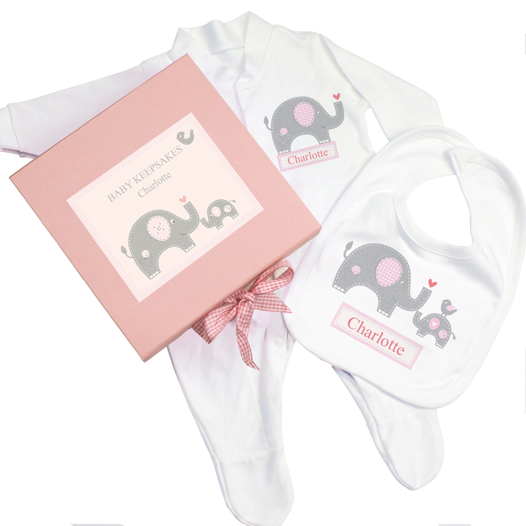 Personalised Pink Baby Elephant Gift Set Babygrow & Bib in a Etsy