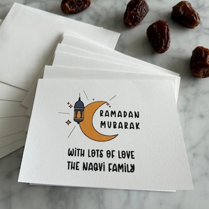carte personnalisée Ramadan Moubarak | Nom et message personnalisés | Aïd 2024 | Croissant de lune et étoiles de beaux cadeaux design élégants