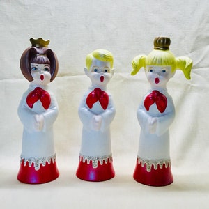 E A Owens ceramic Christmas decor Vintage choir children set of 3 seasonal ceramic candle holders