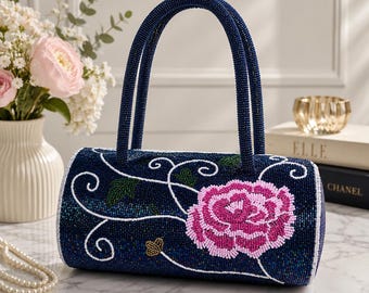 Hand Beaded Floral Barrel Handbag - Navy Blue Beaded Purse with Pink Rose. Design - Elegant Evening Bag