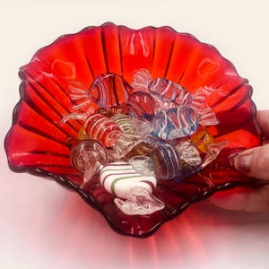 Vintage Red Indiana Gllass Scalloped Bowl with Murano Style Art Glass Candy Collection