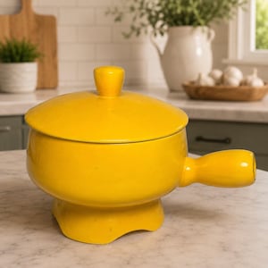 Puede incluir: Una olla de cerámica de color amarillo brillante con tapa a juego y un solo mango lateral. La olla presenta un cuerpo redondeado y se asienta sobre una base de pedestal. La superficie tiene un acabado liso y brillante con un pomo en la tapa.