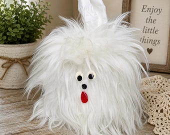 Vintage Shaggy White Dog Tissue Box Cover - Faux Fur Puppy Tissue Holder