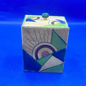 Vintage Art Deco Style Square Ceramic Box with Lid-Geometric Sunrise Design Hand-Painted Glazed Lidded Jar