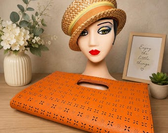 Set - Vintage Summer Straw Hat and Orange Cutout Clutch Purse Set - Retro Resort Fashion Accessories - Boho Chic Vacation Style