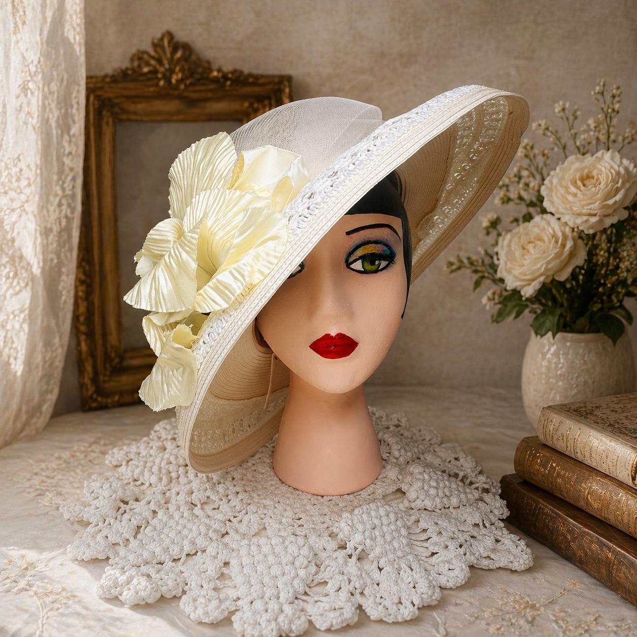 Whittall & Shon Brown Beige Organza Derby Church Hat Floral Feather EUC White Whittall & Shon Hats for Women for sale | eBay main image 4