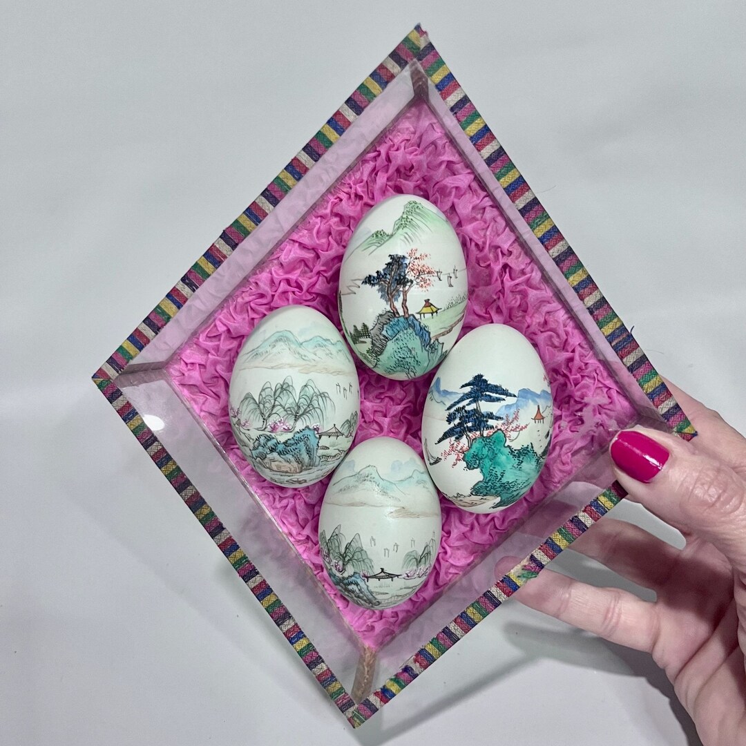 Vintage. Asian Hand Painted Eggs. Under Glass Etsy