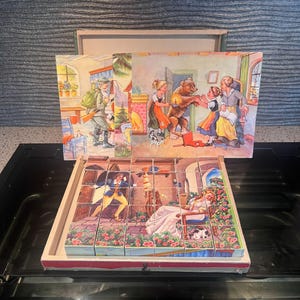 Antique German 30 Blocks 6 Sided Cubed Puzzle In Box 3 Different Fun Sceneries