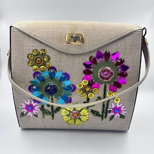 Vintage Jeweled Floral Purse - 1960s Mod Linen Handbag with Rhinestone Flowers