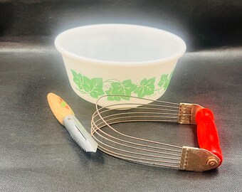 Vintage Hazel Atlas Green Ivy Mixing Bowl PLUS 50's Dough Cutter and 40's Potato Peeler