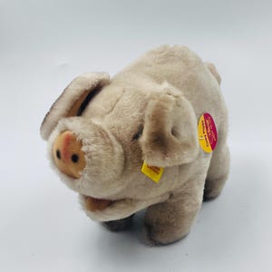 Vintage Small Sized Steiff Lying Pig Plush - Original Tags - Mohair Collectible Pig - 7.5&quot; Long with Button and Tags