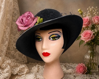 Mr John Wide Brim Hat - Black Straw Floral Dress Hat, Paris New York Designer Millinery
