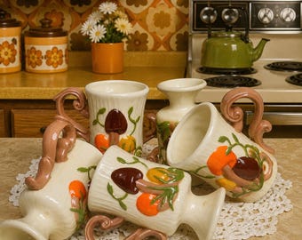 Ceramic Mushroom Pedestal Mug – Hand-Painted Retro Fantasy Goblet, 1970s Kitchenware