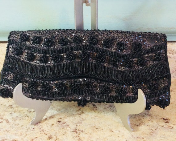 Purse, Vintage beaded clutch, black envelope bag - image 1